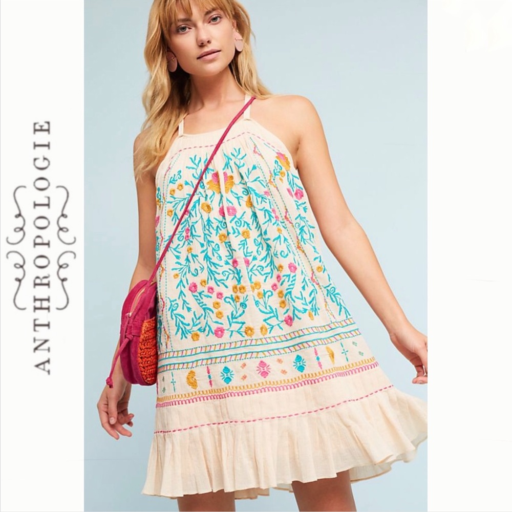 Anthropologie tan floral embroidered dress
